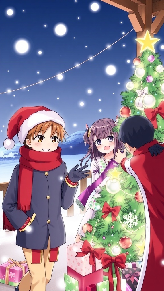 Jujutsu Kaisen characters in a Christmas setting with festive decorations.